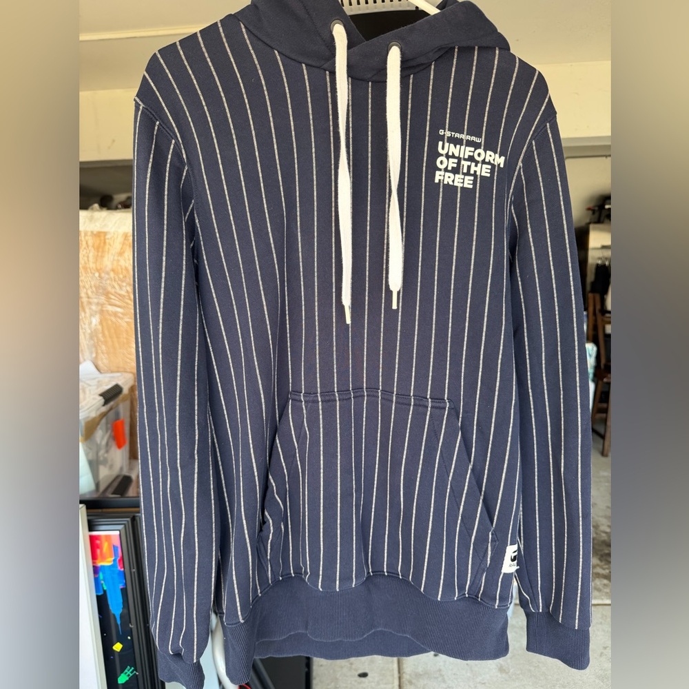 G-Star Raw Navy and White Striped Hoodie size M